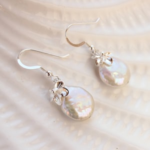 Coin Pearl Plumeria Earrings: Sterling Silver Frangipani, Beach Wedding