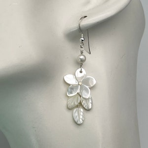 Mother of Pearl Plumeria Earrings: Frangipani Flower, Silver or Gold