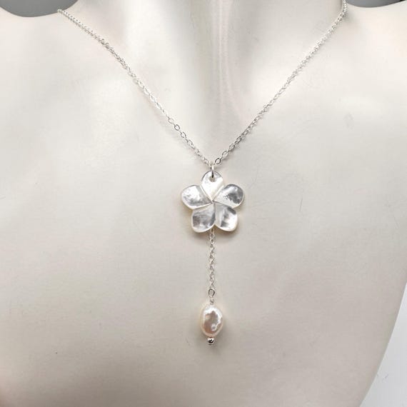 White Mother of Pearl Plumeria Y Necklace: Sterling Silver or Gold, Frangipani with Pearl