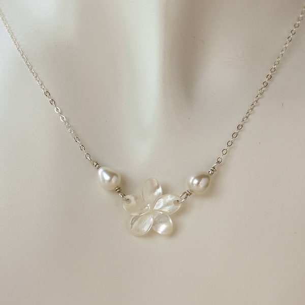 Delicate Mother of Pearl Plumeria Necklace, Delicate Pearl Frangipani Necklace