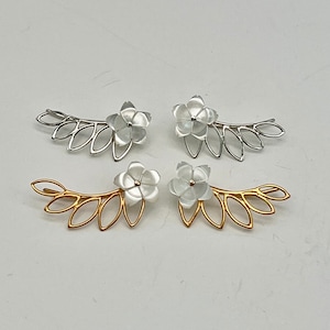 Silver Plumeria Earring Climbers, Mother of Pearl Frangipani Earrings
