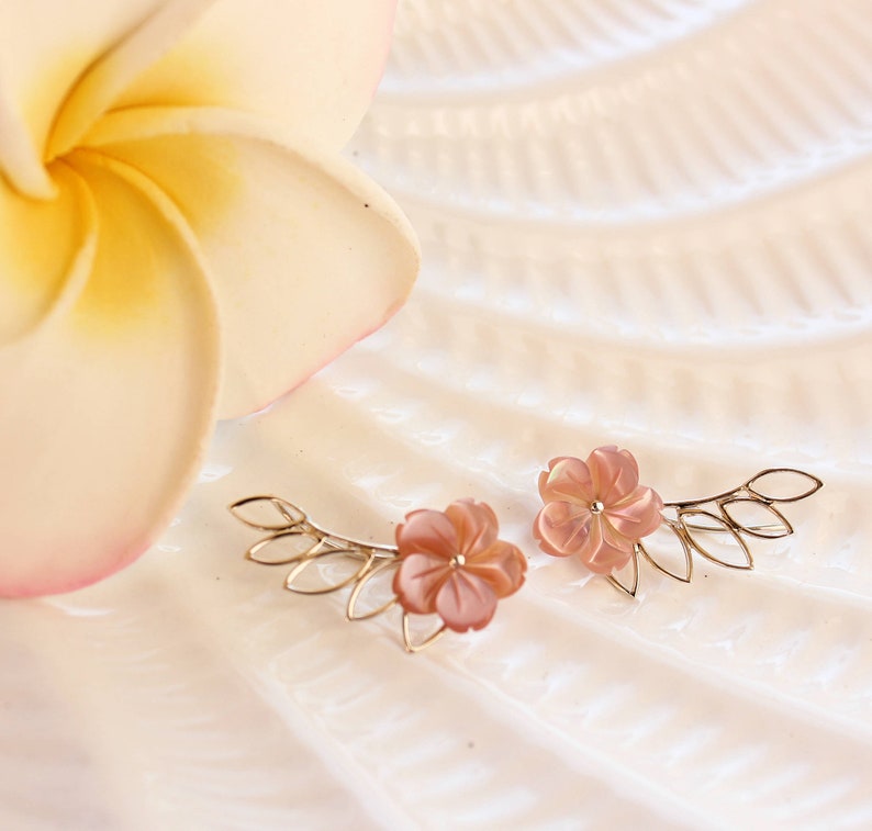 Mother of Pearl Frangipani Earrings Hawaiian Earrings Bridesmaid Gift Beach Wedding Earrings Silver Plumeria Earring Climbers