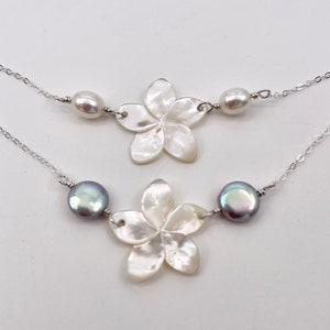 Mother of Pearl Plumeria Necklace, Coin Pearl Frangiani Necklace