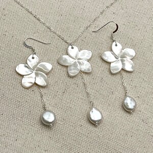 White Mother of Pearl Plumeria Y Necklace, Frangipani Shell Pearl ...