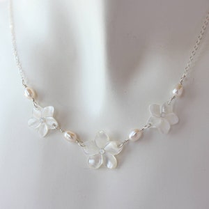 Mother of Pearl Plumeria and Pearl Necklace, Shell Frangipani Necklace