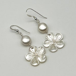 Mother of Pearl Plumeria and Button Pearl Earrings