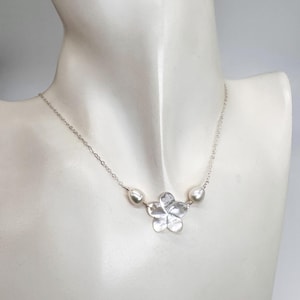Mother of Pearl Plumeria Necklace: Freshwater Pearl, Silver or Gold Filled Chain