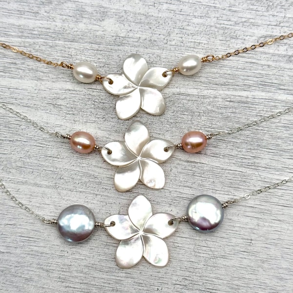 Mother of Pearl Plumeria Necklace, Coin Pearl Frangiani Necklace
