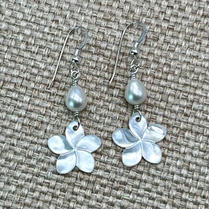 Pearl Plumeria Shell Earrings, Mother of Pearl Frangipani Earrings