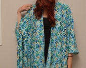 Reserved for Maggie - SALE - 25% off - Upcycled Blue & Green Floral Kimono Shawl