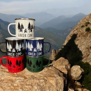 Personalized Enamel Camping Mug | Wedding Favor | Family Reunion Mug | Anniversary Gift for Couple | Outdoorsy Gift | Camping Group Gift