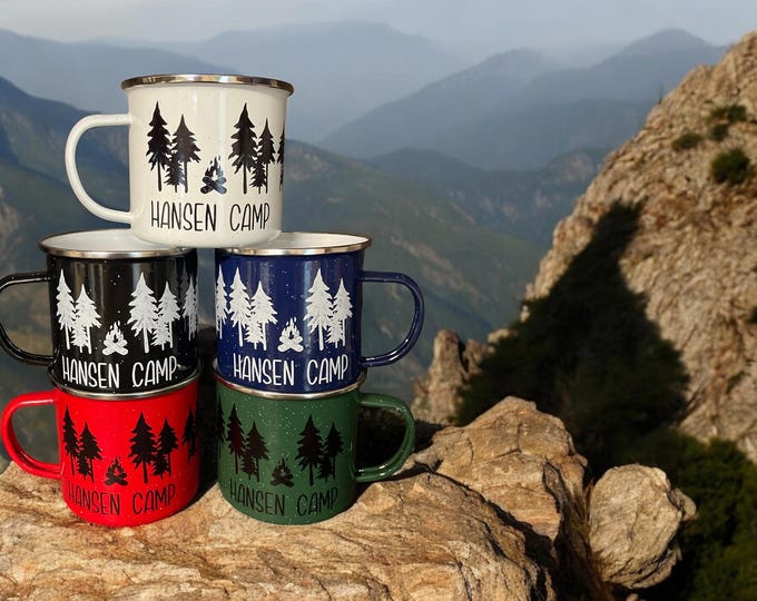 Personalized Enamel Camping Mug | Custom Wedding Favor | Outdoorsy Gift | Reunion | Bachelor, Bachelorette | Christmas Party | Birthday Gift