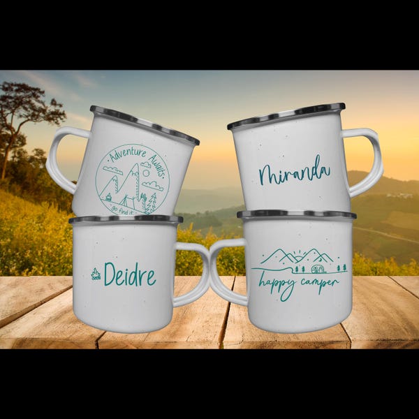 11oz Personalized Enamel Campfire Mug | Bachelor Party Favor | Bachelorette | Reunion | Happy Camper | Kids Camp | Outdoor Coffee | Birthday