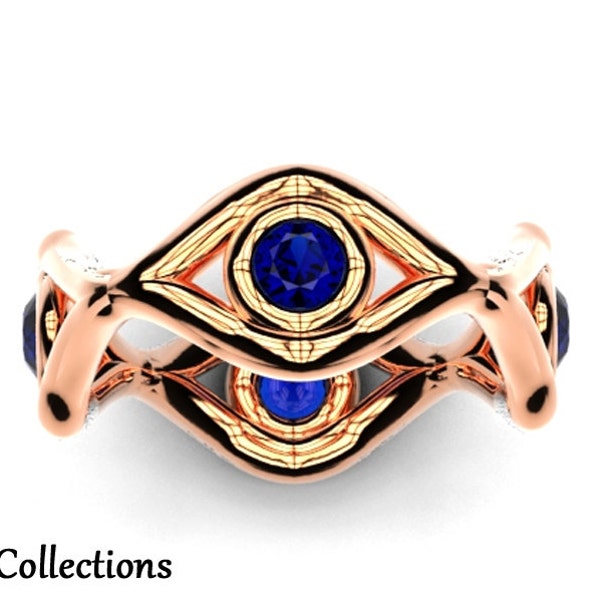 Custom Made 14K Rose Gold Sapphire Evil Eye Ring Pink, Rose, Blue, September, Sapphire, Evil Eye, Protector, Superstitious, Protection