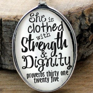 Proverbs 31 Necklace She is clothed with strength and dignity Faith, Christian Jewelry, Vintage Style Christian Pendant & Chain Hymn Drop
