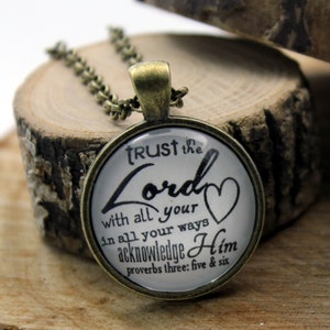 Proverbs 3:5-6 Trust in the Lord with all your heart lean not on your own understanding Vintage style Christian Hymn Drop pendant necklace image 2