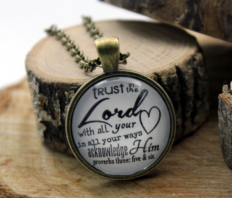 Proverbs 3:5-6 Trust in the Lord with all your heart lean not on your own understanding Vintage style Christian Hymn Drop pendant necklace image 2