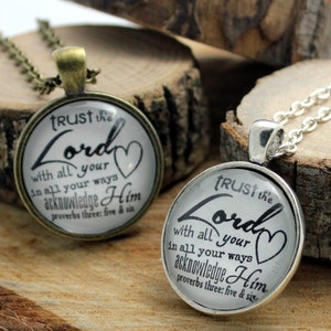 Proverbs 3:5-6 Trust in the Lord with all your heart lean not on your own understanding Vintage style Christian Hymn Drop pendant necklace image 3