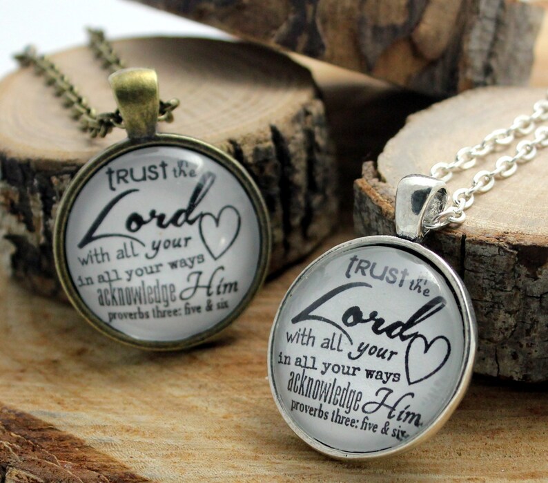 Proverbs 3:5-6 Trust in the Lord with all your heart lean not on your own understanding Vintage style Christian Hymn Drop pendant necklace image 3