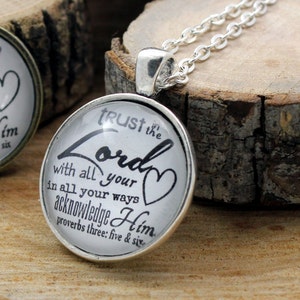 Proverbs 3:5-6 Trust in the Lord with all your heart lean not on your own understanding Vintage style Christian Hymn Drop pendant necklace image 4