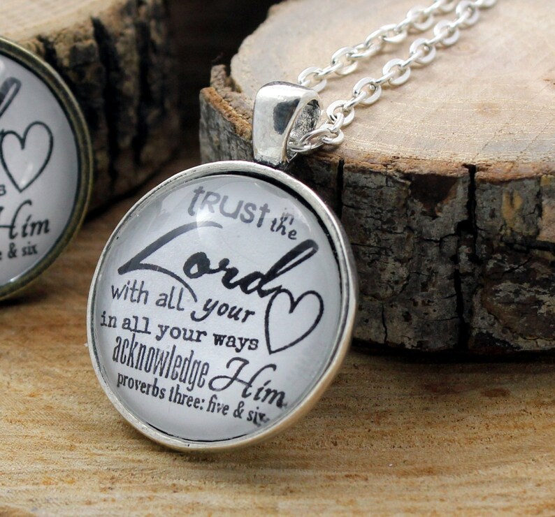 Proverbs 3:5-6 Trust in the Lord with all your heart lean not on your own understanding Vintage style Christian Hymn Drop pendant necklace image 4