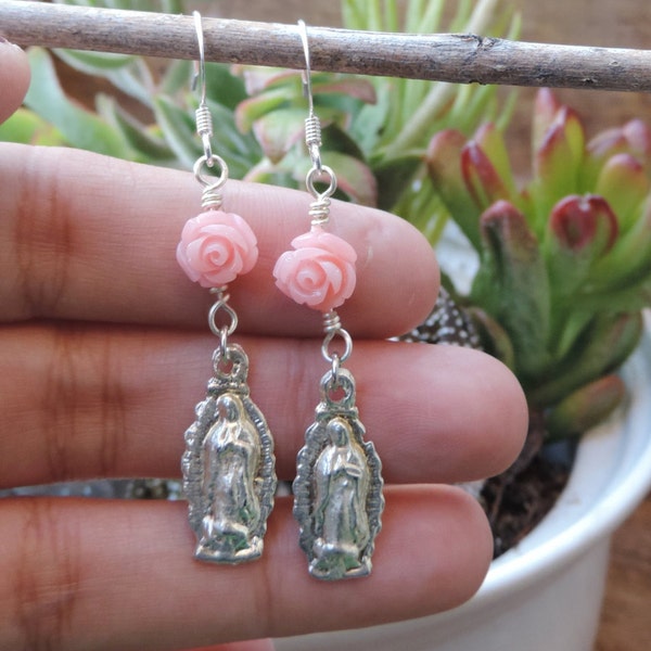 Small wire-wrapped Lady of Guadalupe Earrings with Pink Resin Rose / Vigencita Earrings / Catholic Jewelry / Guadalupe Jewelry