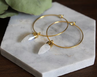 Silver Stainless Steel Statement Point with White Clear Natural Gemstone Points Gold Dipped Amethyst Crystal Hoop Earrings