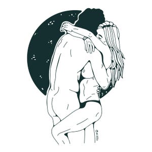 Cartolina erotica con abbraccio lunare - Coppia innamorata - Biglietto d'auguri per adulti - Biglietto di fuga sexy