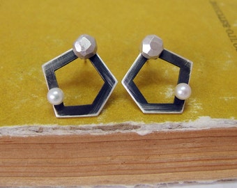 Sterling Silver Ear Jackets Stud Earrings/June Birthstone Earrings/Oxizided Silver Geometric Earrings/White Pearls Silver Earrings