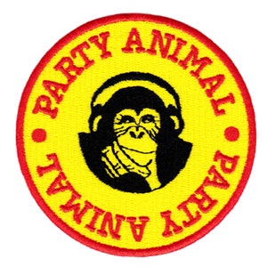 Toppa per camicia con scimpanzé e cuffie stile vintage &quot;Animale da festa&quot; Distintivo morale da 8 cm per applique per cappelli