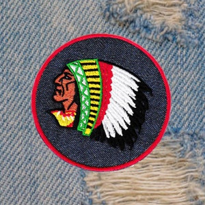 Large Indian Chief Vintage Style Biker Patch Badge on Denim 8cm / 3.2 inch Iron On or Hook Back