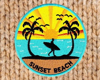 Vintage 80's Style Sunset Beach Surfing Surfer Shirt Patch Badge for Cap Hat 9cm / 3.5 inches Applique