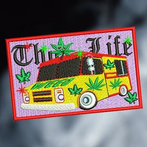 May include: A yellow and red embroidered patch with the words "Thug Life" in black lettering. The patch features a cartoon image of a yellow van with green marijuana leaves on the side.