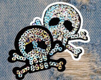 Skull Patch Silver Sequined And felt Skull and Bones Patches with Iron on Backing.