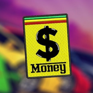 Puede incluir: Un parche amarillo con un signo de dólar negro y la palabra "Money" en negro. El parche tiene un borde verde, amarillo y rojo.