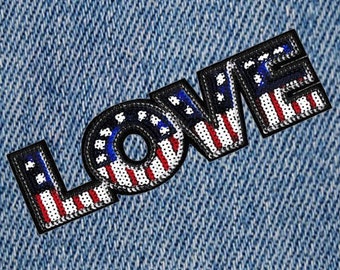 XXL Extra Large & Cute USA Paillettes LOVE Iron On Patch 24cm Applique