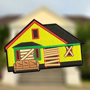 May include: A yellow house with boarded up windows and a couch in front of it. The house has a black roof and red trim. The couch is brown and has a black base.