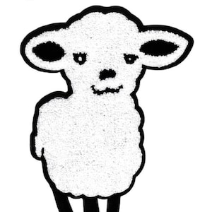 May include: A white cartoon lamb with black outlines and legs. The lamb has a fluffy body and a smiling face.