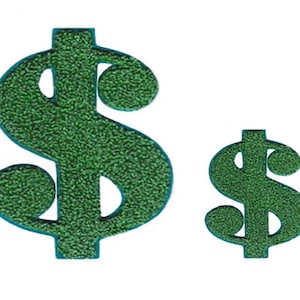 Puede incluir: Dos signos de dólar verdes brillantes de diferentes tamaños sobre un fondo blanco. El signo más grande está a la izquierda y el más pequeño a la derecha. Los signos de dólar tienen un diseño clásico.