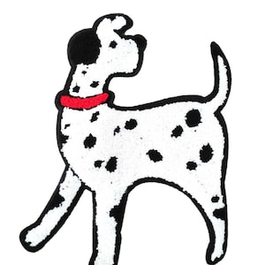 May include: A white and black dalmatian dog with a red collar, standing on a white background.