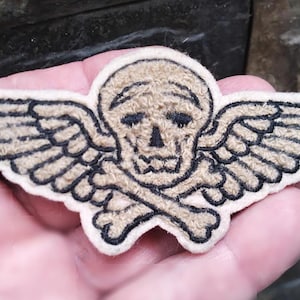Könnte beinhalten: Ein beigefarbener gestickter Aufnäher mit einem Totenkopf- und Knochenkreuz-Motiv. Der Totenkopf hat Flügel und einen schwarzen Umriss.