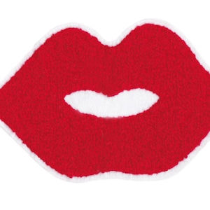 Peut inclure: Un écusson en forme de lèvres rouges avec une bordure blanche. Les lèvres sont d'un rouge vif, et la bordure blanche ajoute un contour contrastant. L'écusson est probablement destiné aux vêtements ou aux accessoires.
