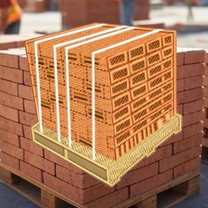 May include: A stack of orange bricks on a wooden pallet. The bricks are arranged in a grid pattern and are secured with white straps.