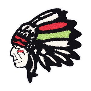 May include: Black and white embroidered patch of an Native American chief wearing a headdress with red, green, and white feathers.