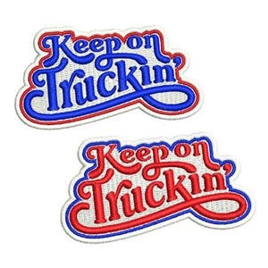 May include: Two embroidered patches with the text "Keep on Truckin'" in a white, red, and blue color scheme. The patches are perfect for adding a touch of vintage style to jackets, bags, or other accessories.