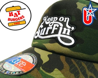 smARTpatches Truckers Vintage Style "Keep on Surfin" Truckin Surfer Surfing Trucker Cap Hat Camo Curved Bill Patch by lidstars headwear