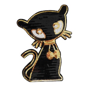 XXL Extra Large Stunning Black Sequin Kitty Cat Patch 21cm Applique