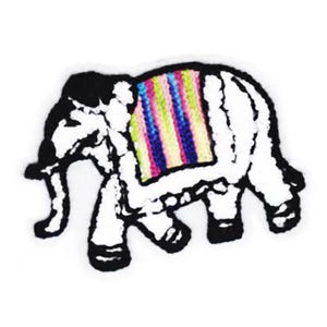 May include: A white and black elephant patch with a colorful striped blanket. The elephant has a detailed outline and is set against a white background. The patch is likely for clothing or accessories.