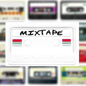 May include: A white cassette tape with the word "MIXTAPE" written in black marker on the label. The tape has red and white stripes on the sides.