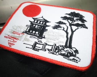 Japan Style Streetwear Temple Pagoda Rising Sun Patch for Trucker Hat or Shirt 9cm - 3.5 inch Iron On or Hook Back